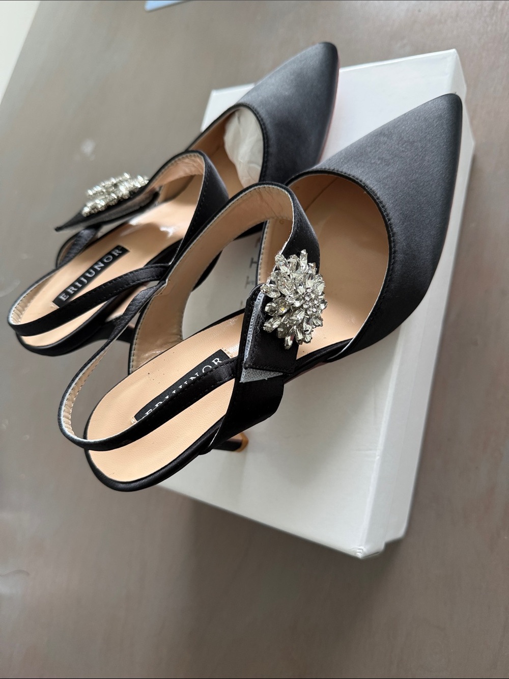 Elegant Black Satin Slingback Heels with Crystal Accent